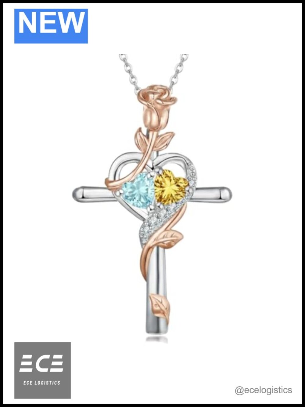 Birthstone Cross Necklace Rose Heart Pendant Jewelry Gift for Her